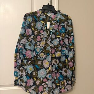 Talbots Black Floral Button-Up Blouse with Blue, Pink and Yellow Accents